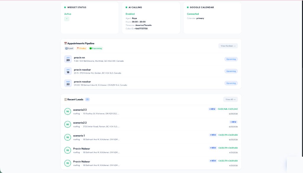 GeoQuote contractor dashboard overview showing three green status indicators